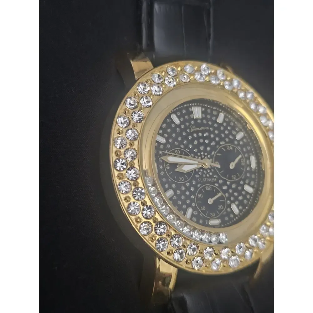 56.6mm gold tonecrystal bezel Fashion Analog Quartz watch w/Genuine Leather Band